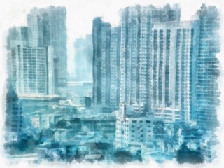 landscape of tall buildings in the city watercolor style illustration impressionist painting.