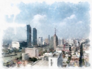 Landscape of tall buildings and streets in Bangkok watercolor style illustration impressionist painting.