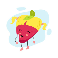 Kawaii strawberry character. Funny winter mascot eats icicles. Cute happy berry. Humorous element for New Year and Christmas design of greeting cards, banners, festive packaging of children's goods.