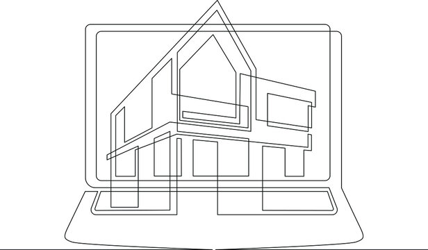 One continuous line.Modern house on the computer screen. Fashionable architecture in the device. House image. Building construction in the gadget. One continuous drawing line logo isolated minimal ill