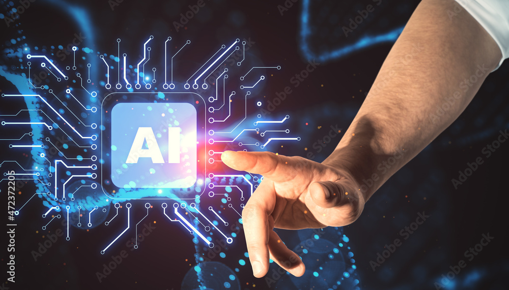 Poster businessman hand pointing at abstract glowing ai dna interface on dark background. artificial intell