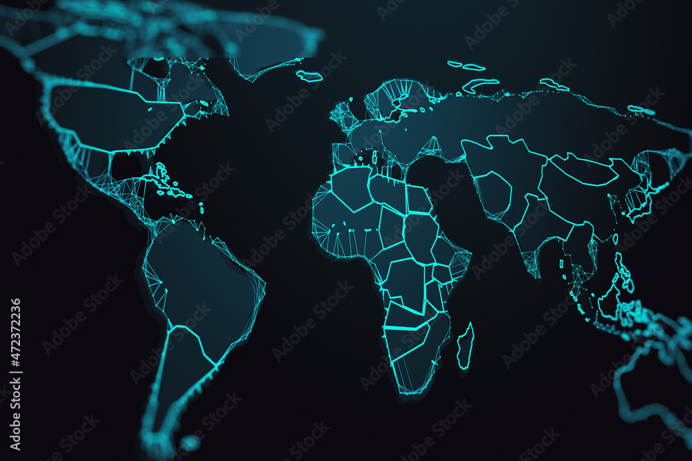 Aufkleber creative glowing map on dark blurry backdrop. technology, communication and travel concept. 3d rende