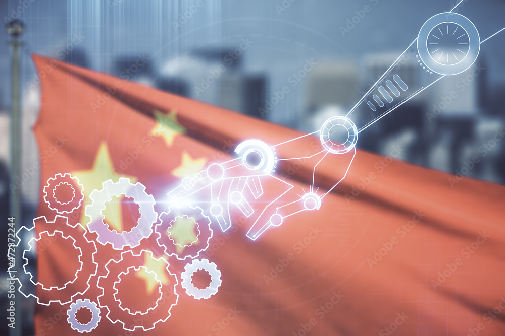 Aufkleber abstract virtual robotics technology hologram on flag of china and blurry cityscape background. robo