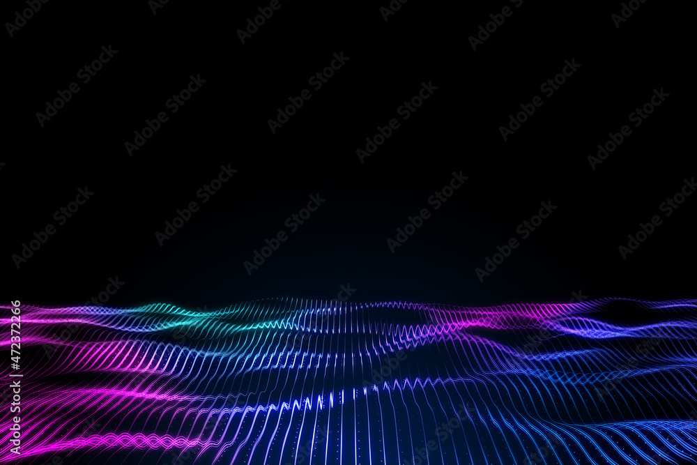 Poster Creative digital wave on dark background with mock up place. Technology and science concept. 3D Rendering.