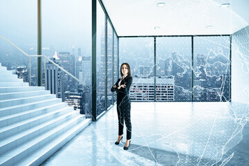 Pretty young european businesswoman in interior with stairs, digital globe and window with city view. Success, future and travel concept. Double exposure.