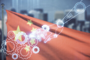 Abstract virtual robotics technology hologram on flag of China and blurry cityscape background. Robot development and automation concept. Multiexposure