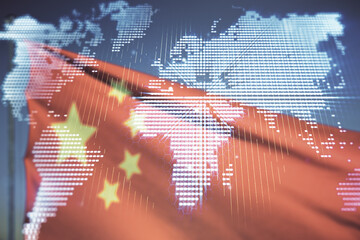 Multi exposure of abstract creative digital world map hologram on Chinese flag and blue sky...