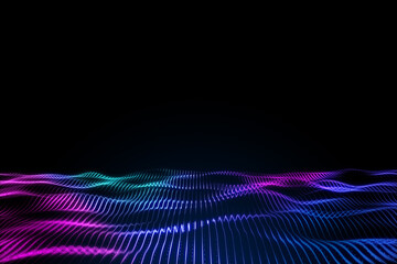 Creative digital wave on dark background with mock up place. Technology and science concept. 3D Rendering.