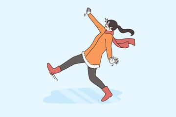 Failure and falling down concept. Young woman feeling slippery on ice in winter falling down with hands stretched trying to get balance vector illustration 