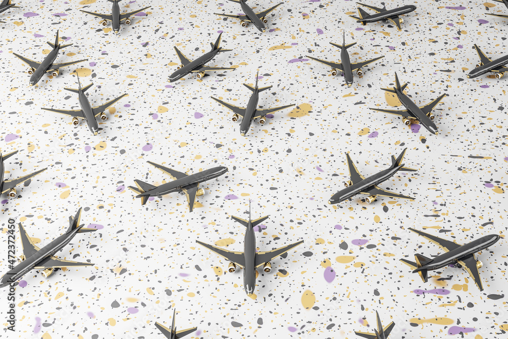 Poster creative image of gray airplanes on marble background. travel and landing page concept. 3d rendering