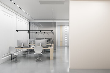 Modern concrete coworking office interior with empty mock up place on wall, furniture, computers, decorative plant and glass partition. Meeting and workplace concept. 3D Rendering.