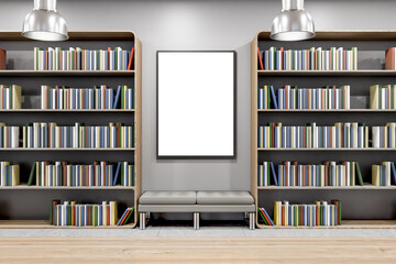 Modern library interior with bookcase, wooden flooring, bench and mock up banner on wall. 3D...