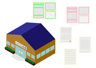 アイソメトリックな役場の建物と申請書等の種類色々