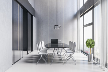 Modern meeting room office interior with table, armchairs, window with city view and daylight. Workplace and law and legal concept. 3D Rendering.