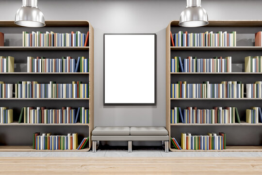 Modern library interior with bookcase, wooden flooring, bench and mock up banner on wall. 3D Rendering.