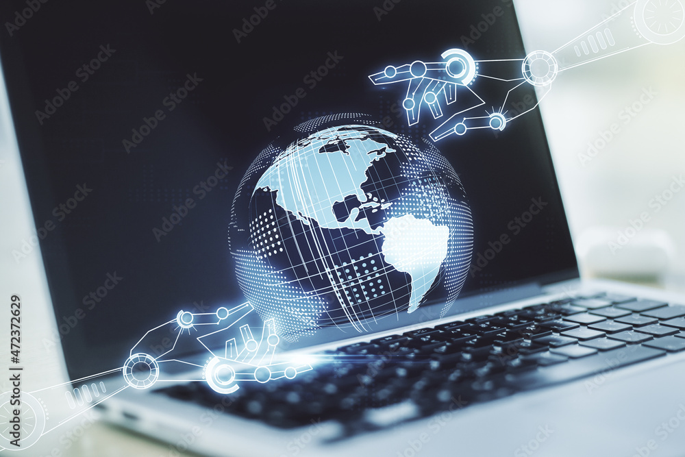 Aufkleber double exposure of robotics technology with world map hologram on laptop background. research and de