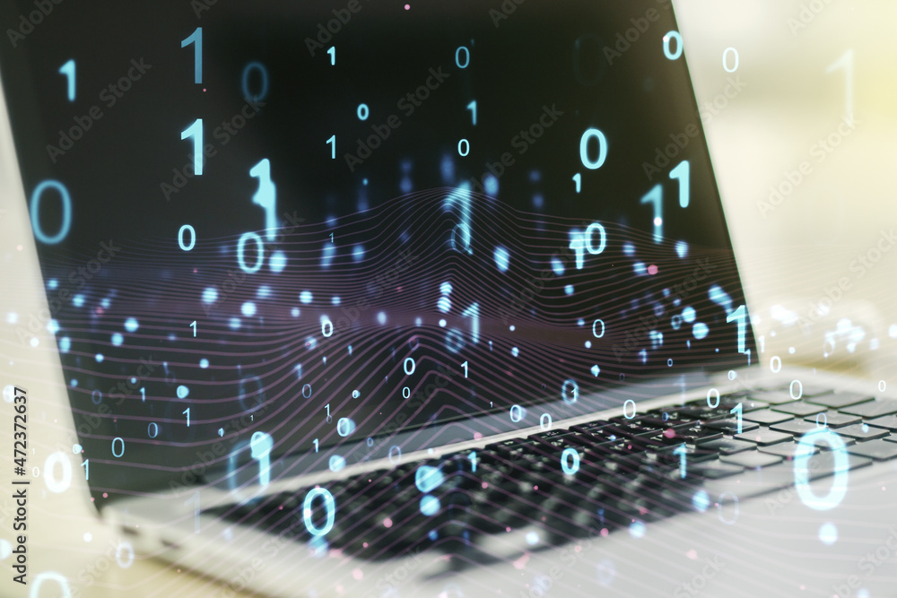 Poster creative abstract binary code hologram on modern computer background, ai and machine learning concep