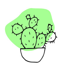 Doodle cactus in a pot with a green spot of color. A black outline drawn by hand. Indoor flower. Hand-drawn indoor plants. Prickly plant.