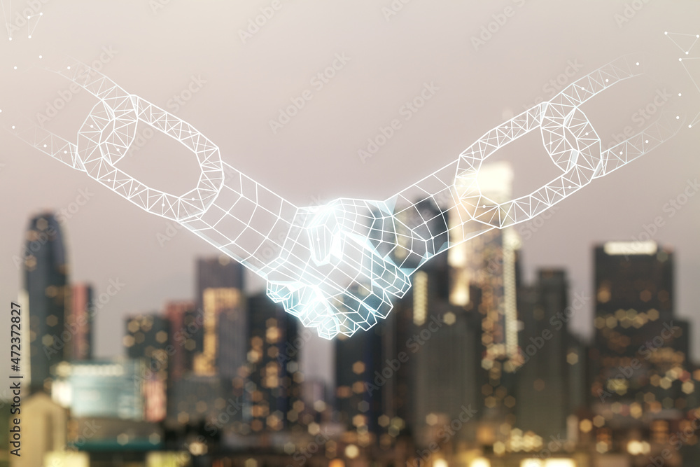 Poster double exposure of abstract virtual blockchain technology hologram with handshake on blurry cityscap