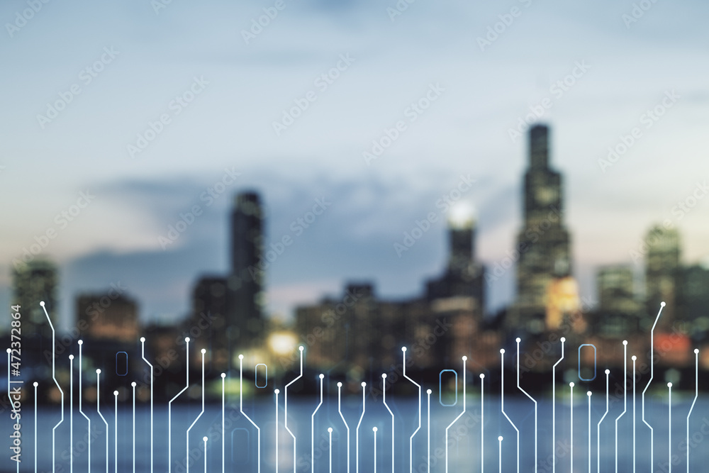 Poster abstract virtual microscheme illustration on blurry skyline background. big data and database concep