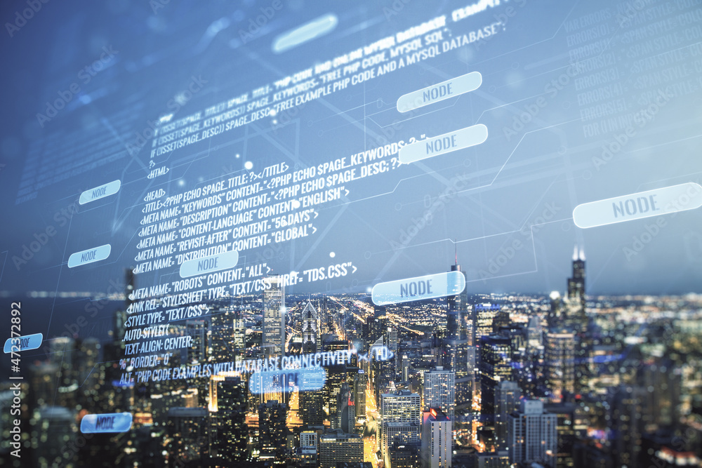 Aufkleber abstract virtual coding illustration on chicago cityscape background, software development concept. 