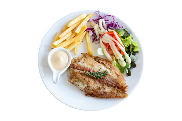 Dolly Fish Steak with salad on white background with clipping path