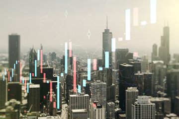 Fototapeta premium Abstract virtual financial graph hologram on Chicago cityscape background, financial and trading concept. Multiexposure