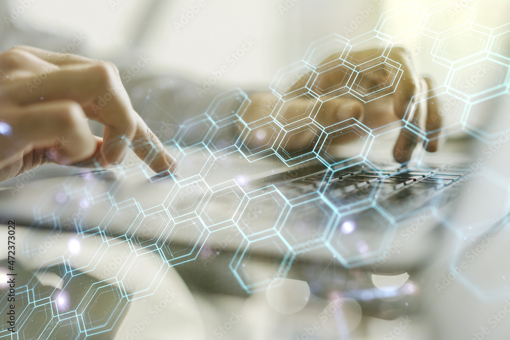 Poster double exposure of technology hologram with hexagon and hands typing on laptop on background. resear