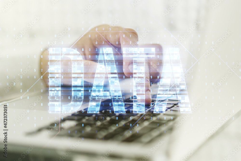Poster creative data word hologram and hands typing on computer keyboard on background, big data and blockc