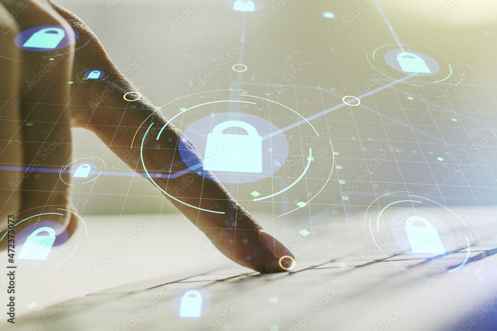 Aufkleber double exposure of creative lock hologram with chip and hands typing on laptop on background. inform