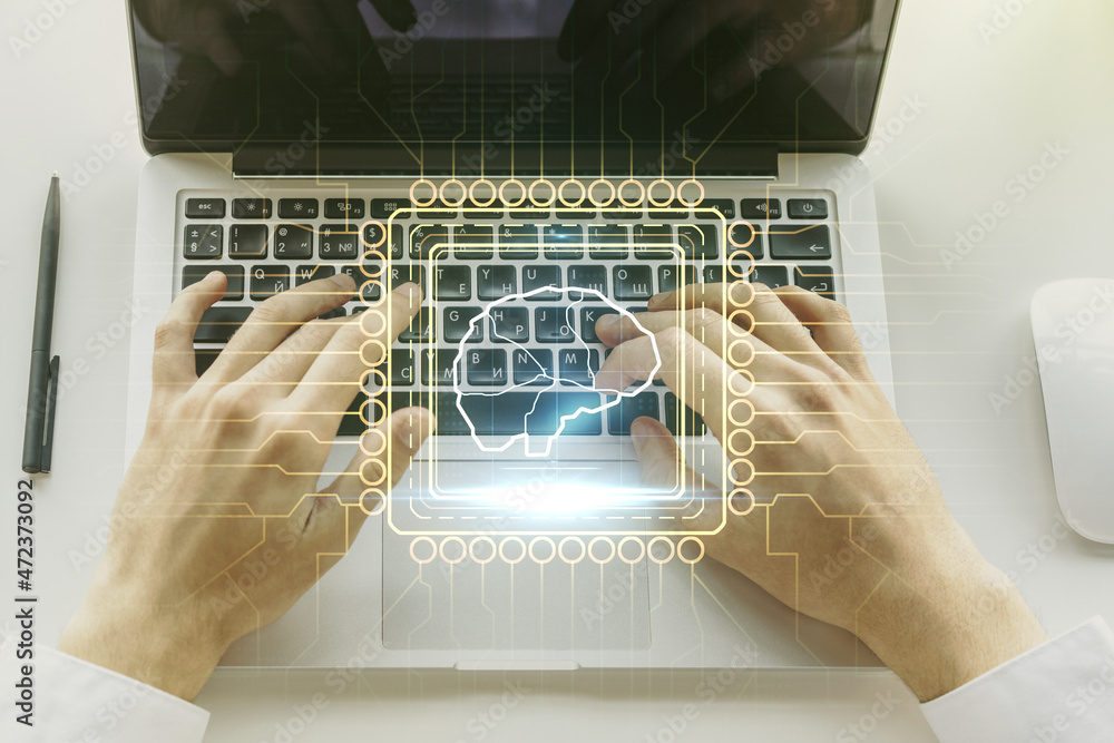 Poster creative artificial intelligence concept with human brain sketch and hands typing on computer keyboa