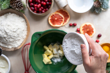Cooking Christmas cookies. Top view of ingredients for baking Chritmas homemade cookies.