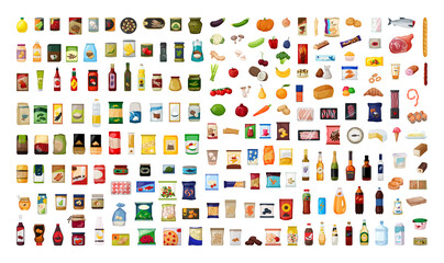 Set of illustrations of foods, drinks, nutritional supplements in a detailed style.