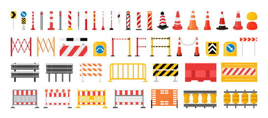 Collection of road barriers and signs. - obrazy, fototapety, plakaty