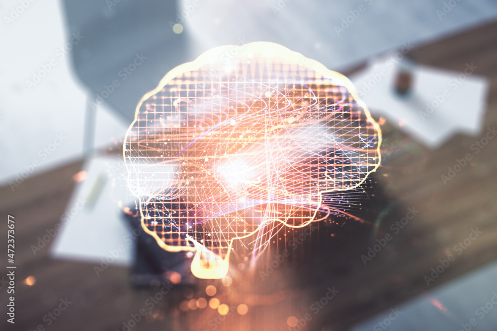Poster creative artificial intelligence concept with human brain hologram and modern desktop with computer 