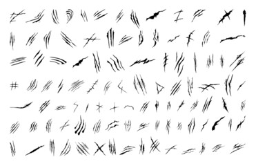 Collection of black scratches isolated on white background.