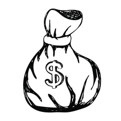 Money bag with dollar sign. Business and finance concepts. Hand drawn vector illustration in doodle style.