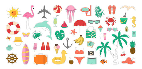 Vector collection of attributes for sea recreation. Hand draw sticker illustrations.