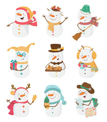 Set of cute snowmen in cartoon style. Childrens illustrations.