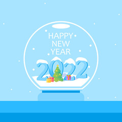 Vector Snow Globe or Christmas ball with the numbers 2022, Christmas tree, gift box inside it. Happy New Year 2022 numbers. Christmas glass snow globe. New year's surprise, gift. Crystal ball