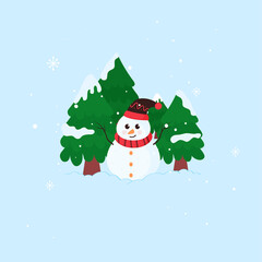 Cartoon Snowman Wearing Woolen Hat With Scarf And Snowy Xmas Tree On Blue Background.