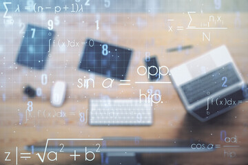 Creative scientific formula hologram on modern laptop background, research concept. Multiexposure