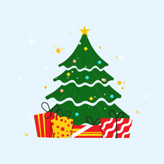 Decorative Xmas Tree With Gift Boxes On Blue Background.