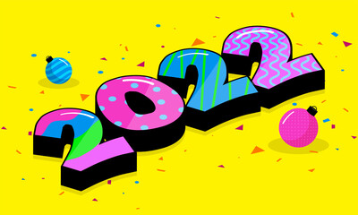 3D Colorful 2022 Number With Baubles And Confetti On Yellow Background.