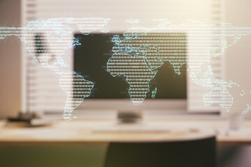 Abstract creative world map on modern laptop background, international trading concept. Multiexposure