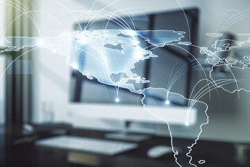 Double exposure of abstract digital world map with connections on computer background, big data and blockchain concept