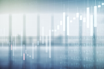 Double exposure of virtual creative financial diagram on empty room interior background, banking and accounting concept