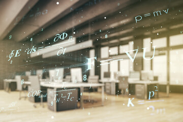 Abstract scientific formula hologram on a modern furnished office background. Multiexposure