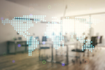 Multi exposure of abstract graphic world map on a modern furnished classroom background, big data and networking concept