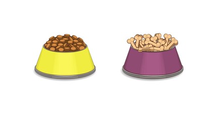 Cups of dry food and bones for pets.